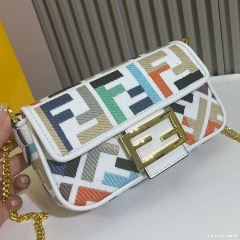 Affordable HOT Fendi Multi Motif White In Canvas Bag FF Mini Baguette 0721